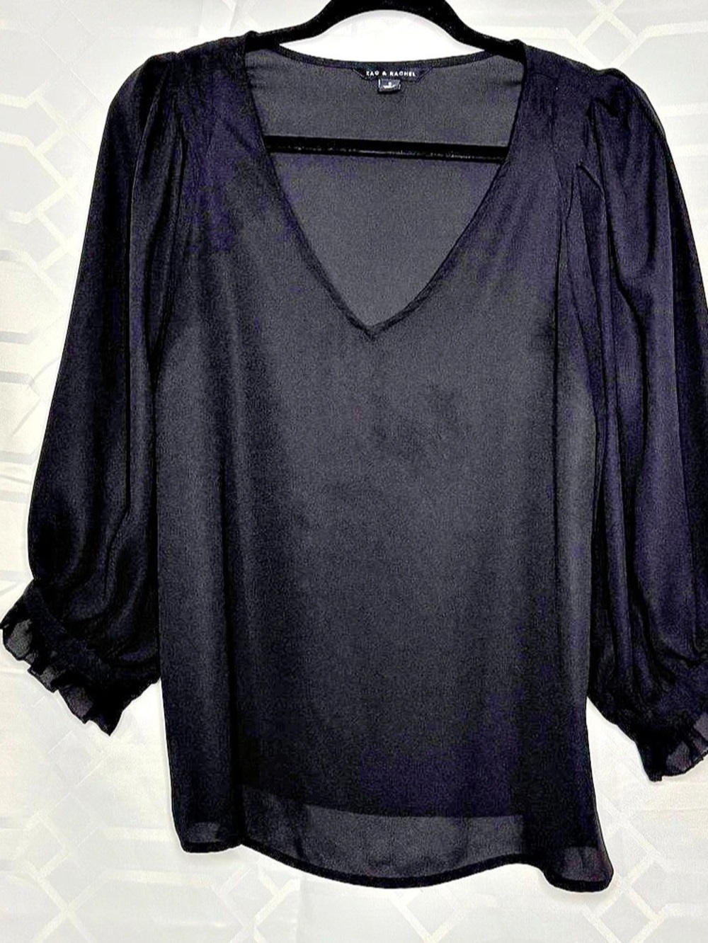 Zac & Rachel Black V-Neck Ruffle Cuff Blouse Like New